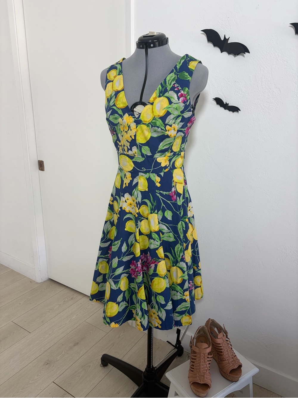 Betsey Johnson Navy Blue Floral Lemon Midi Dress